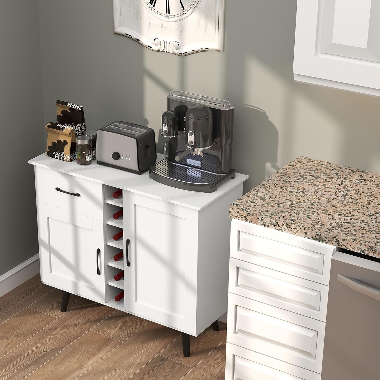 GOFLAME Wine Bar Cabinet, Buffet Sideboard with 2 Doors & 1 Drawer, 6-Bottle Wine Rack, Adjustable Shelves, Cupboard with Storage for Kitchen, Living Room, White