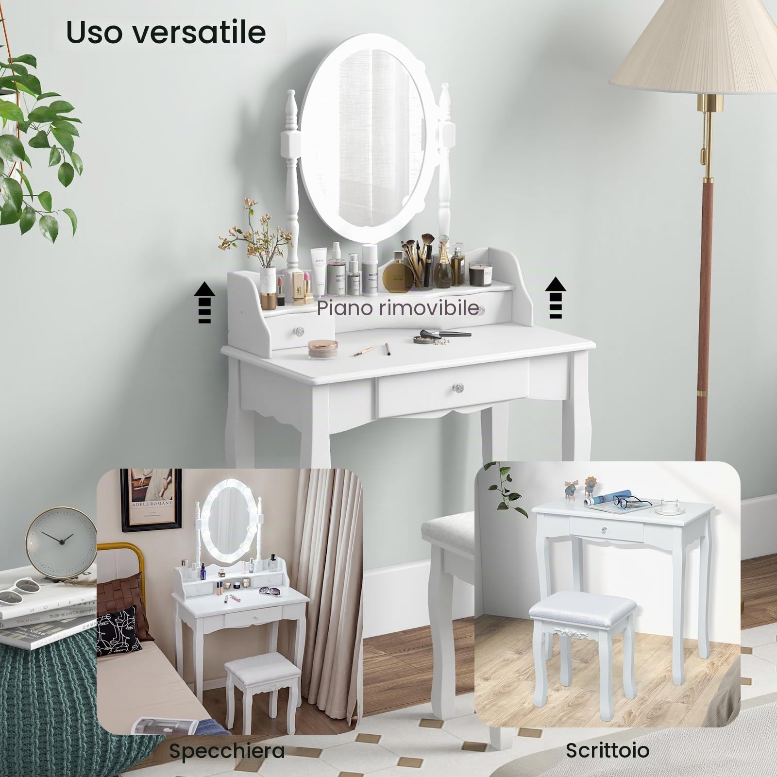 HOMASIS Toeletta da trucco con specchio girevole a 360°, tavolo da toeletta con sgabello in legno, tavolo cosmetico con 3 cassetti e 3 modalità di illuminazione, per camera da letto, 75 x 40 x 143,5