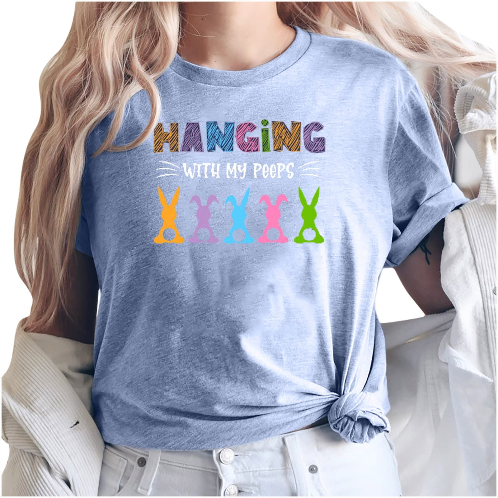 Hanging with My Peeps T-Shirts Women Easter Cute Bunny Graphic Tee Tops Short Sleeve Letter Print Tshirt with Saying