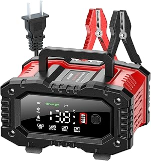 FOXSUR Portable Smart Car Battery Charger for 12 Volt 20A / 24V 10A Motorcycle Truck Lawn Mower Lead Acid AGM Gel LiFePo4 Batteries Tender Automotive Fast Pulse Repair Trickle Chargers Maintainer