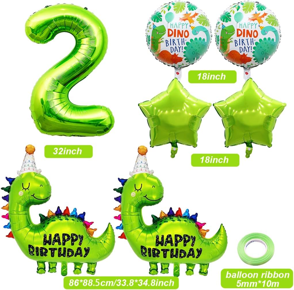 2nd Dinosaur Birthday Balloons Big Cute Dinosaur Aluminum Foil Balloon Number 2 Mylar Balloon for Dino Themed Party Boys Girls Birthday Decor - Green image 2