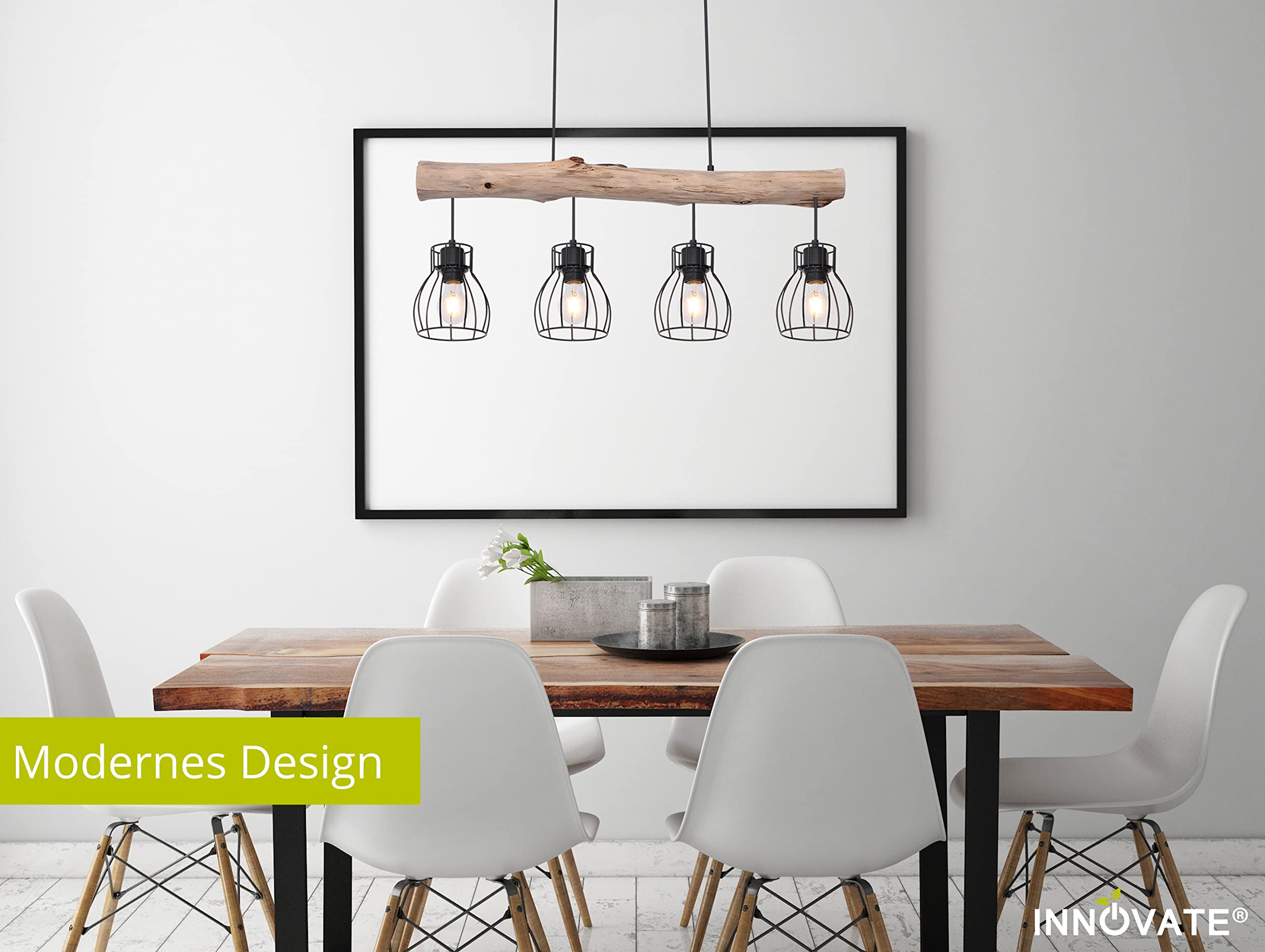 INNOVATE Pendelleuchte Holz 4 Gitterkörbe Rund – 80cm breite Hängelampe Vintage Holzbalken Rustikal – Aluminium Gitterkorb Pendellampe schwarz 4x E27 Fassung bis 40 Watt - Retro Hängeleuchte 140cm