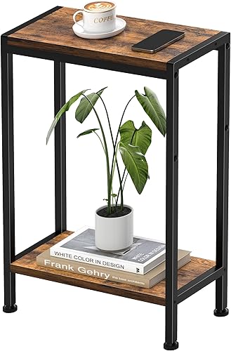 Mesa auxiliar estrecha para espacios pequeños, mesa auxiliar pequeña de 2 niveles con soporte para estantes, mesita de noche delgada, mesa de sofá