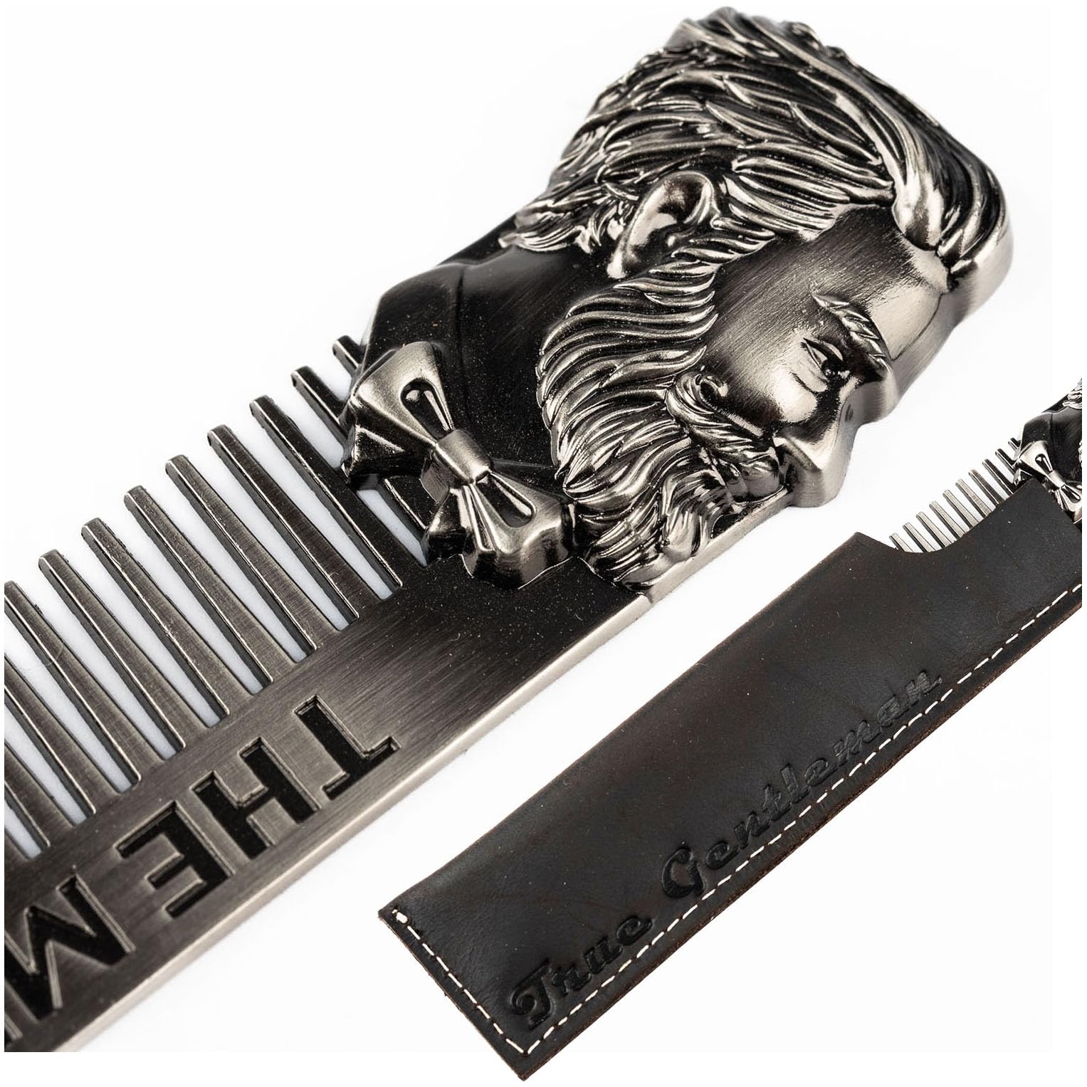 Metal Premium Steel Zinc Alloy Men's Comb with Leather Sheath - Fine Tooth for Beard, Mustache, and Hair Detangling