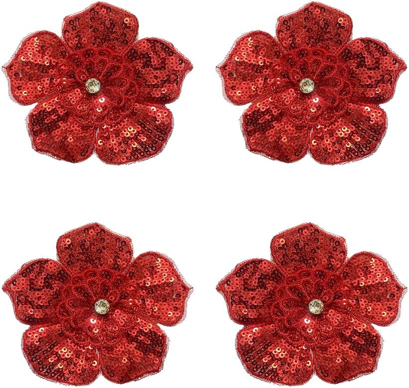 4pcs 3D Fabric Flower for Dress, Glitter Floral Sequin Embroidery Patches for Clothes, Rhinestone Applique for Clothes, Hairband, Hat,Bag, Bodice Sewing Decorative Embellishment (red)