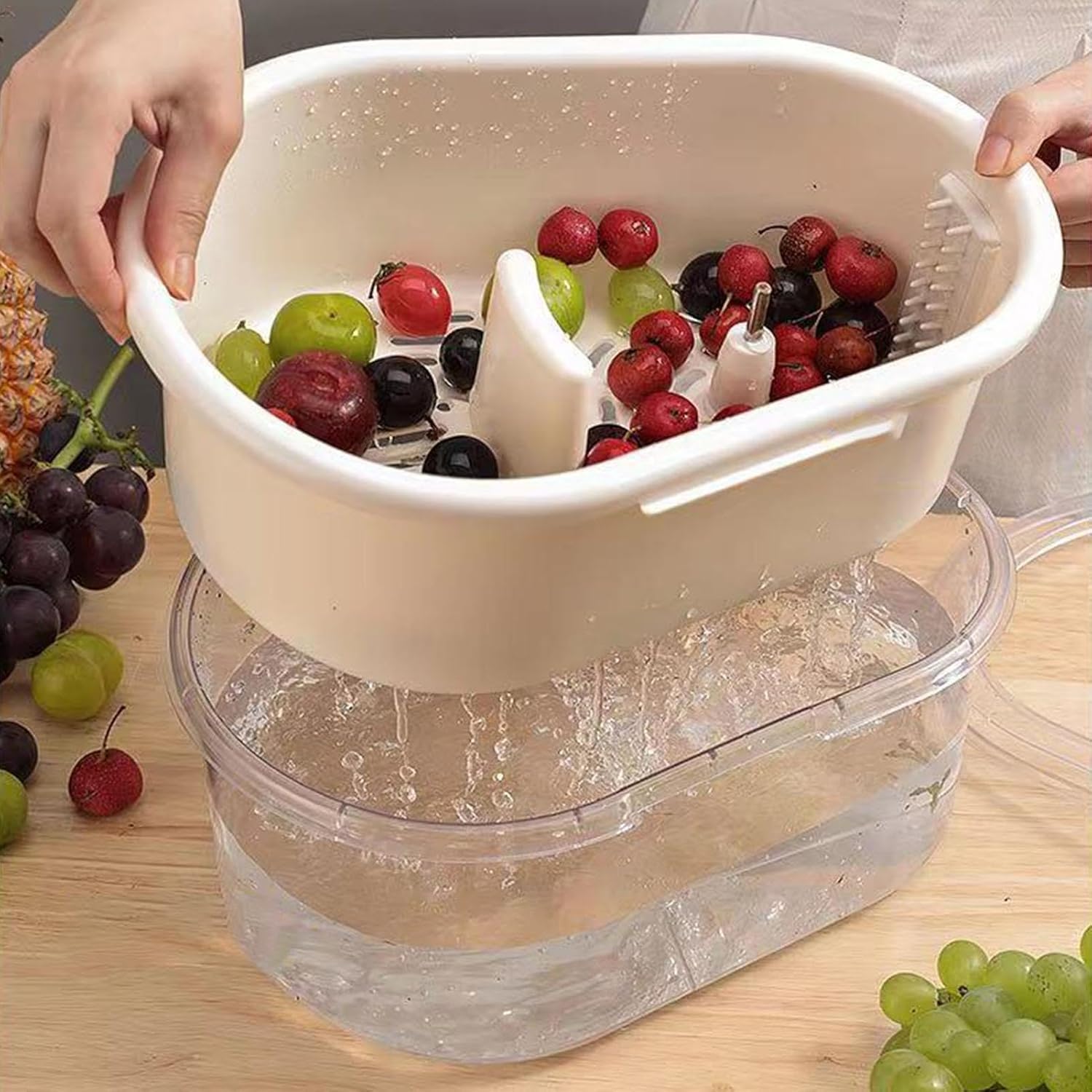 Écumoire à fruits portable avec couvercle lave-fruits légumes brosse cuisine Blanc