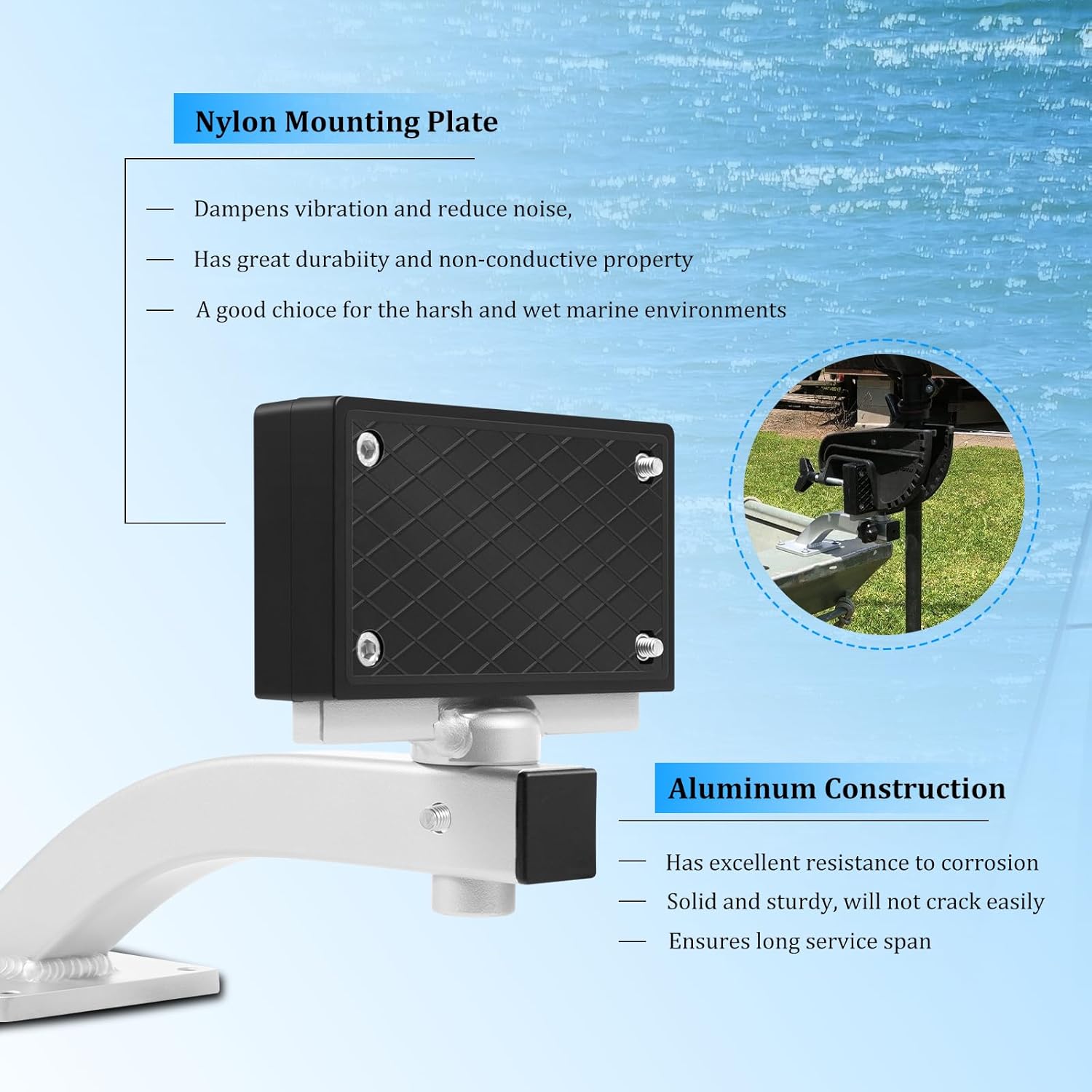 Aluminum 90 Degree Adjustable Trolling Motor Deck Mount for Clamp-on Type Electric Trolling Motors, for Boats with a Flat Stern Surface 丨Adjustable Angle丨Quick Removal丨Good Weld