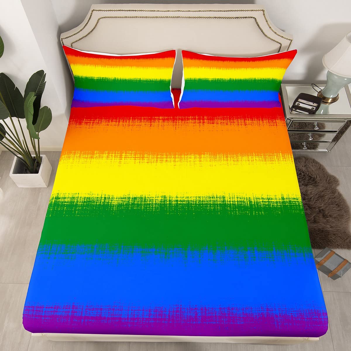 Feelyou Rainbow Bedding Sheets Colorful Rainbow Bed Sheet Set for Kids Boys Girls Multicolor Bedding Fitted Sheet Ultra Soft Bed Cover 1 Bed Sheet Set with 2 Pillowcases Queen Size