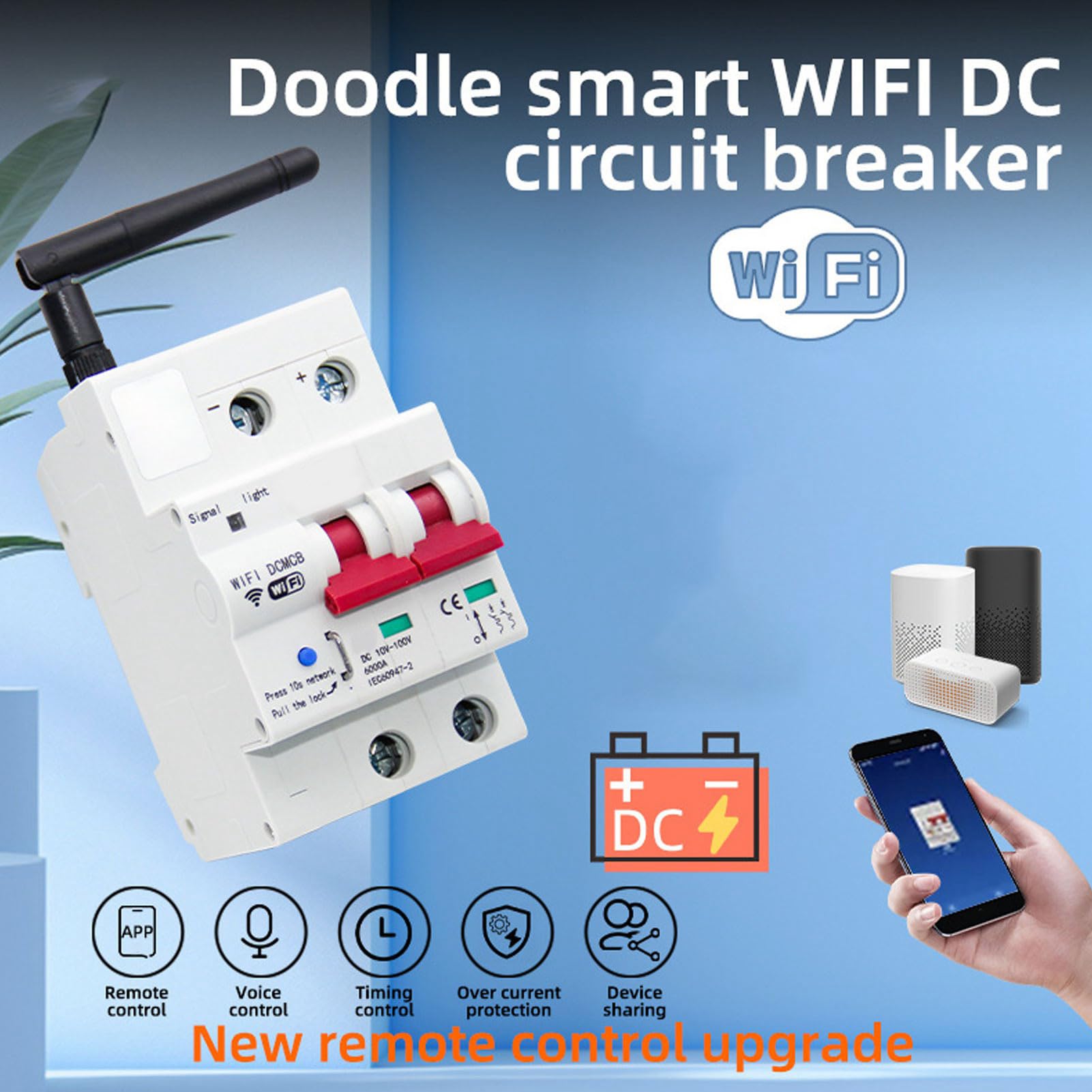 Disyuntor de CC WiFi Inteligente, Control Remoto de Aplicación 2P 100A con Bloqueo de Seguridad, Controlable por Voz, Disyuntor en Miniatura Inteligente para Automatización del