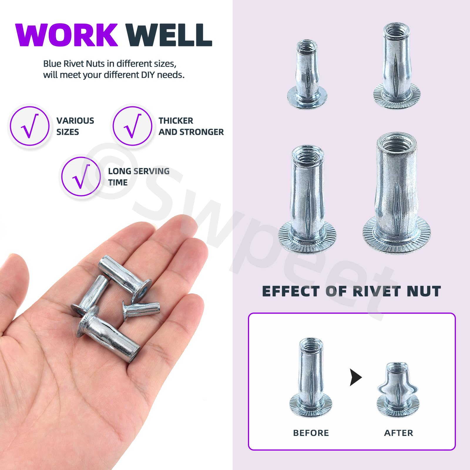 Swpeet Set di 20 dadi rivettati metrici M5 in acciaio al carbonio bianco placcato zinco multi-aderenza Plus Kit di rivetti Bulb Shank Testa piatta Inserto filettato dado per fissaggi da costruzione
