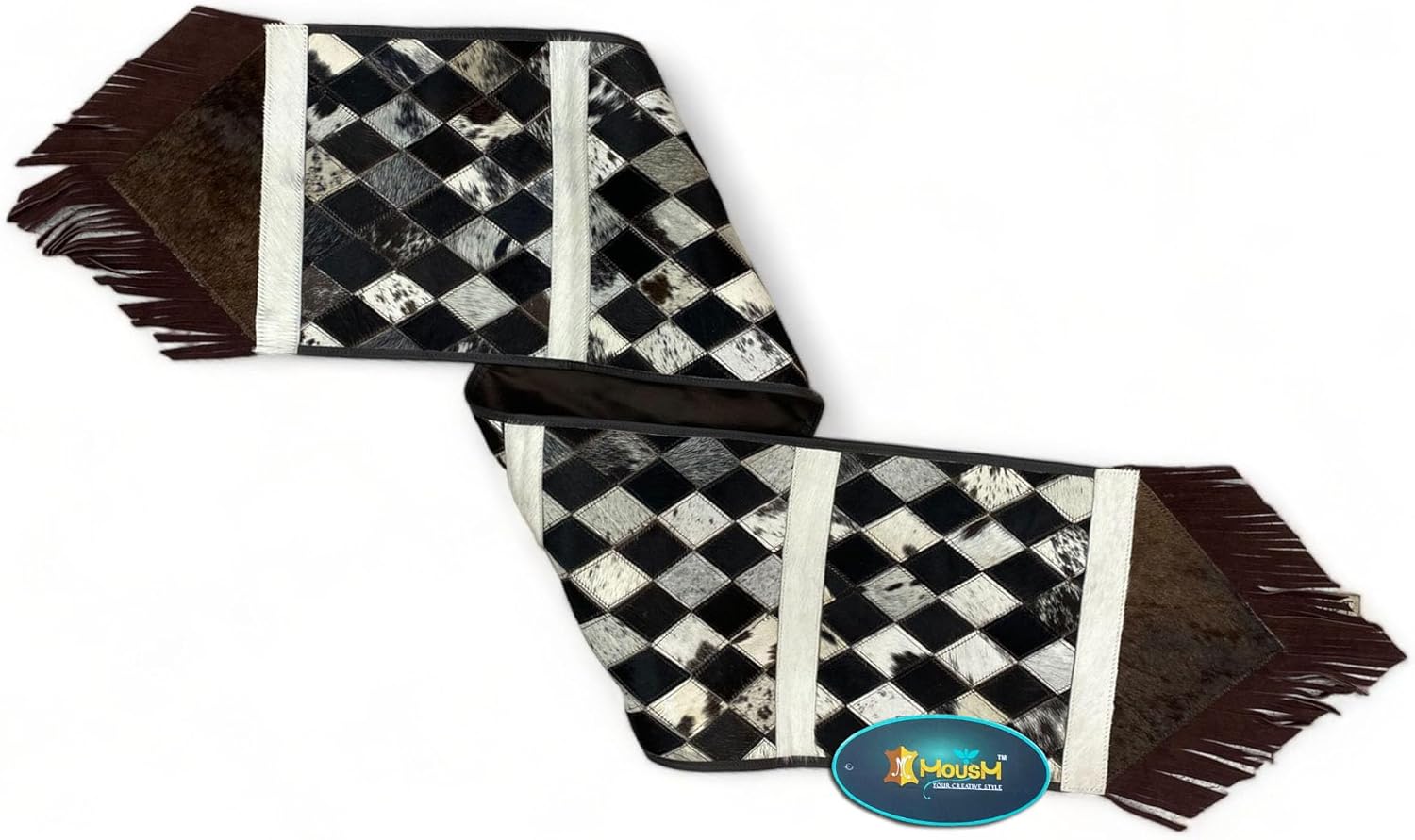 Cow Hide Leather Table Runner 12 x 72 Inches - Real Cowhide with Chess-Like Diamond Patches and Brown Leather Fringe