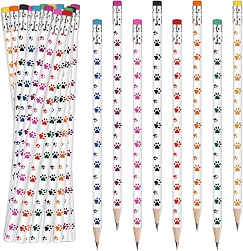 Weecent 48 Pcs Paw Print Pencil 8 Color Pencils Party Favors for Kids Wooden Writing Novelty with Erasers Dog Party Favors Fun School Supplies and Reward Prizes