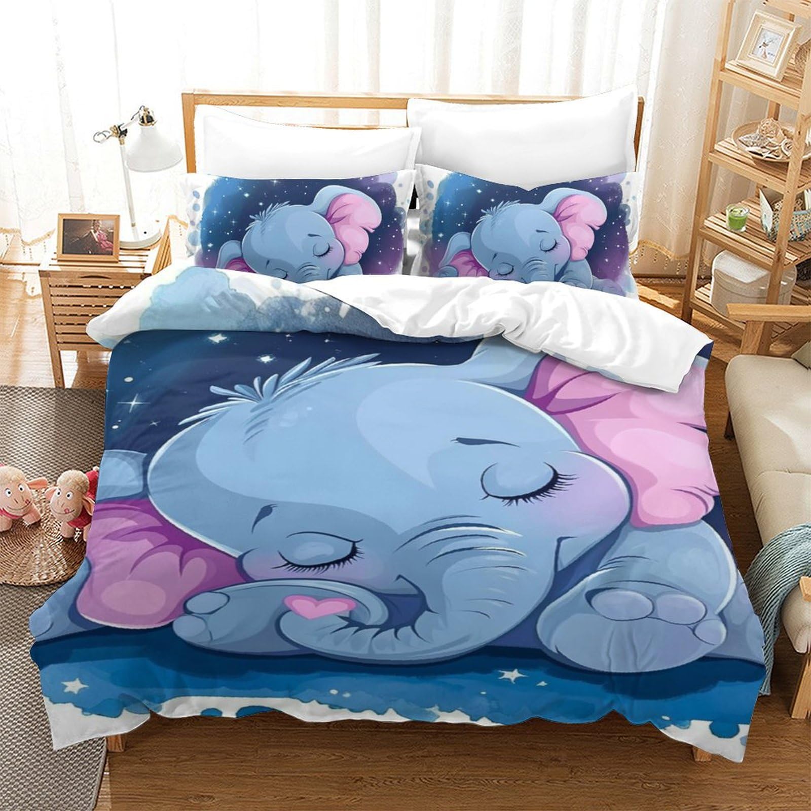 Housse de couette 3D éléphants et fourmis en microfibre 140x200 cm avec taies