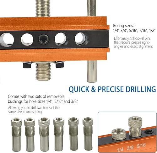 Miniatura 3 de Kit de plantilla de clavija autocentrante con 6 bujes guía de taladro, kit de plantilla de clavija de perforación de ancho ajustable para agujeros