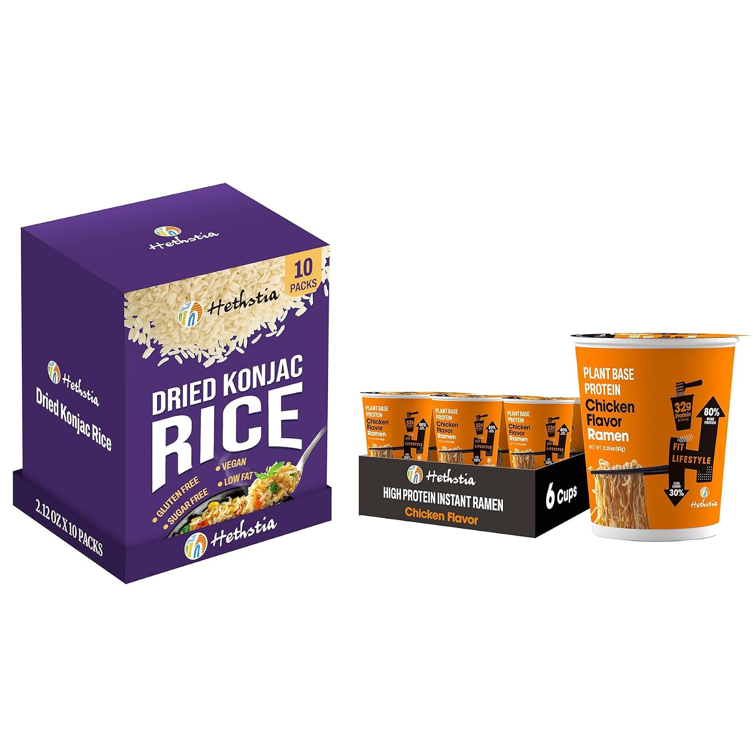 Hethstia Konjac Rice & High Protein Ramen Cup Bundle – Dried Shirataki Rice (10 Packs) with Chicken Flavor Protein Ramen Cups (6-Pack), Low Carb, High Protein, Vegan, Healthy Instant Meal Combo