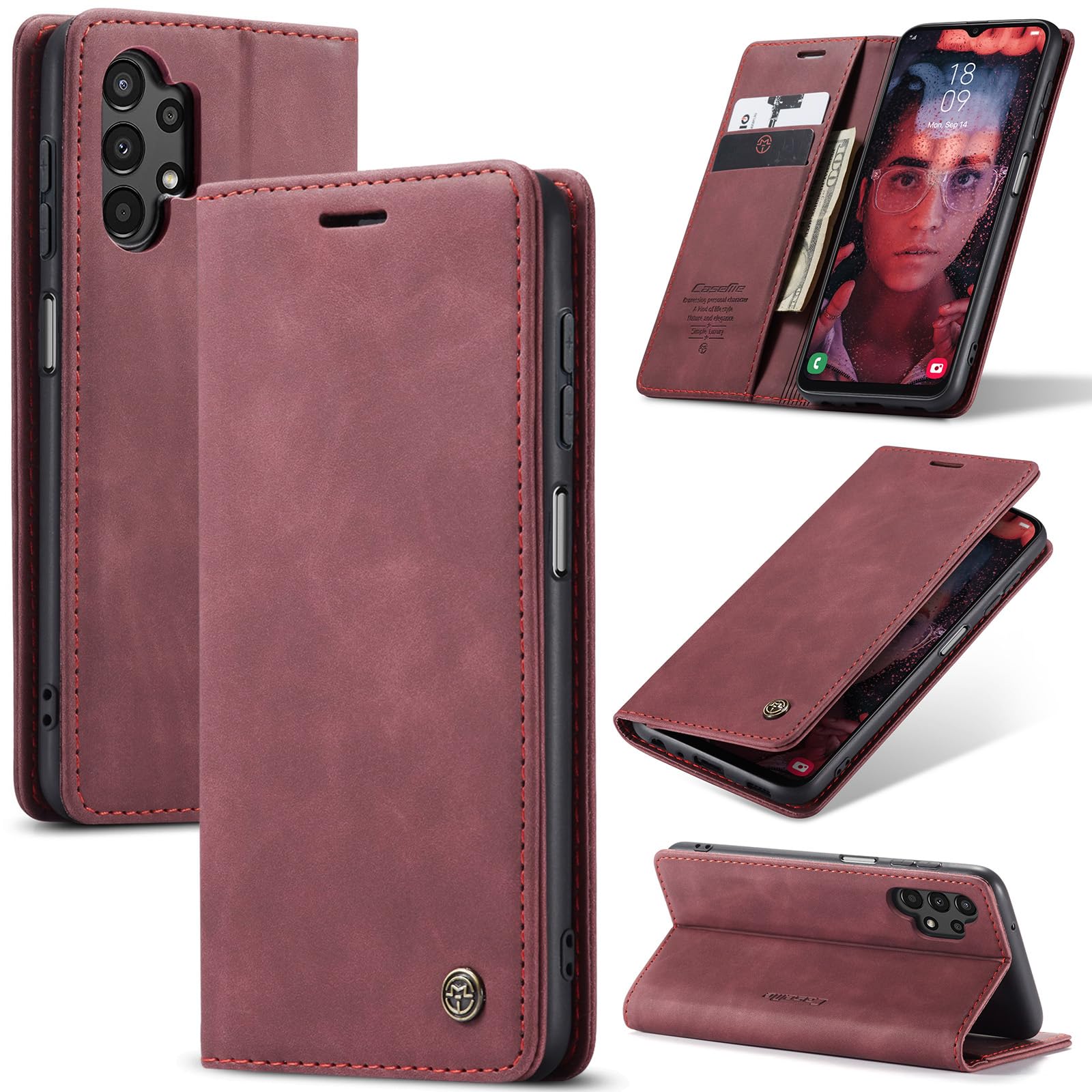 Azororo Cover per Samsung Galaxy A13 4G/5G, Premium PU Pelle Custodia, Magnetica Carta Fessura Portafoglio Case, Flip Cavalletto Custodia per Samsung Galaxy A13 - Vino Rosso