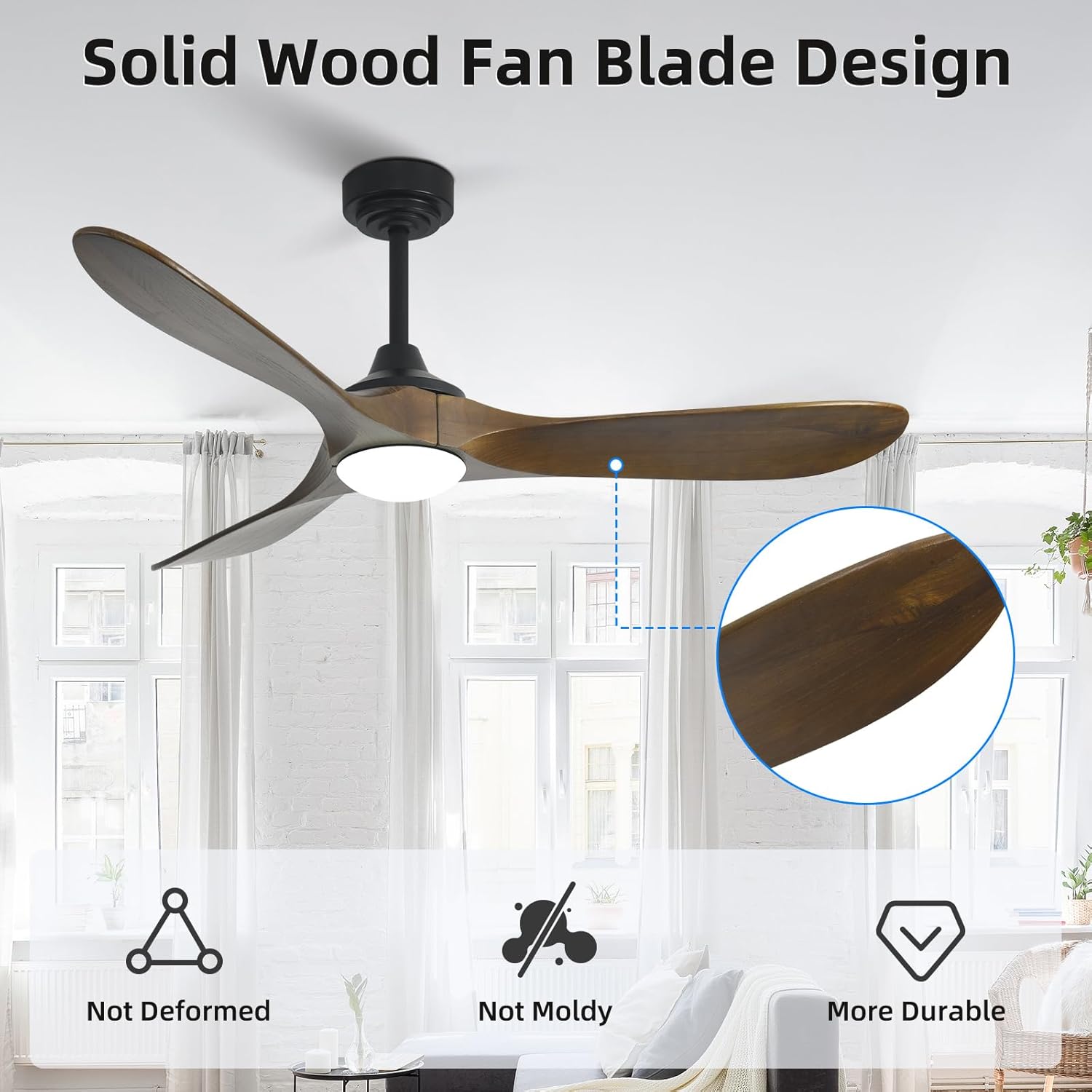 52” Outdoor Ceiling Fan with Light and Remote via WIFI Alexa, 3 Walnut Solid Wood Blade, Noiseless Reversible Dc Motor, Smart Outdoor Wood Ceiling Fan for Farmhouse Patios, Bronze