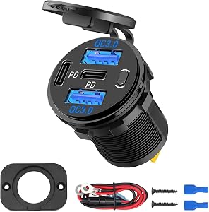 Linkstyle 4 Ports USB Car Charger Socket, Dual 30W PD & Dual 18W QC3.0 Ports, Car USB Power Outlet with LED & Switch for 12V/24V RV Boat