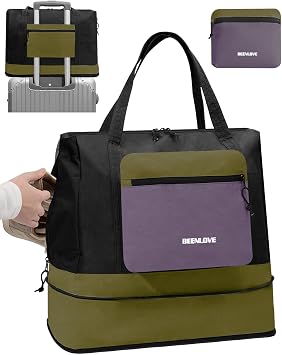 Foldable Travel Bag 46L, Expandable Weekender Duffle Bag with Shoe Compartment, Waterproof Nylon Carry On Bag, Lightweight Personal Item Bag for Women & Men, Folds into a Small Pouch