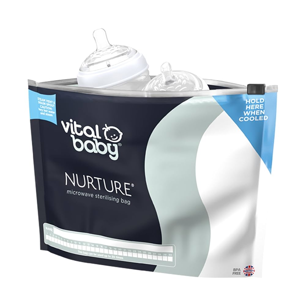 Vital Baby NURTURE Microwave Sterilising Bags - Reusable Sterilising Bags - Lightweight & Compact - Space Saving - No Chemicals - Sterilise Baby Bottles, Teats, Soothers & Accessories - 150 Uses - 5pk