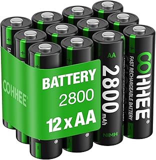 OOHHEE Rechargeable AA Batteries 12 Piece, 1200 Tech AA Batteries, Ni-MH 2800mAh AA Battery, Low Self-Discharge 1.2V AA Battery, with 3 x Battery Protection Boxes