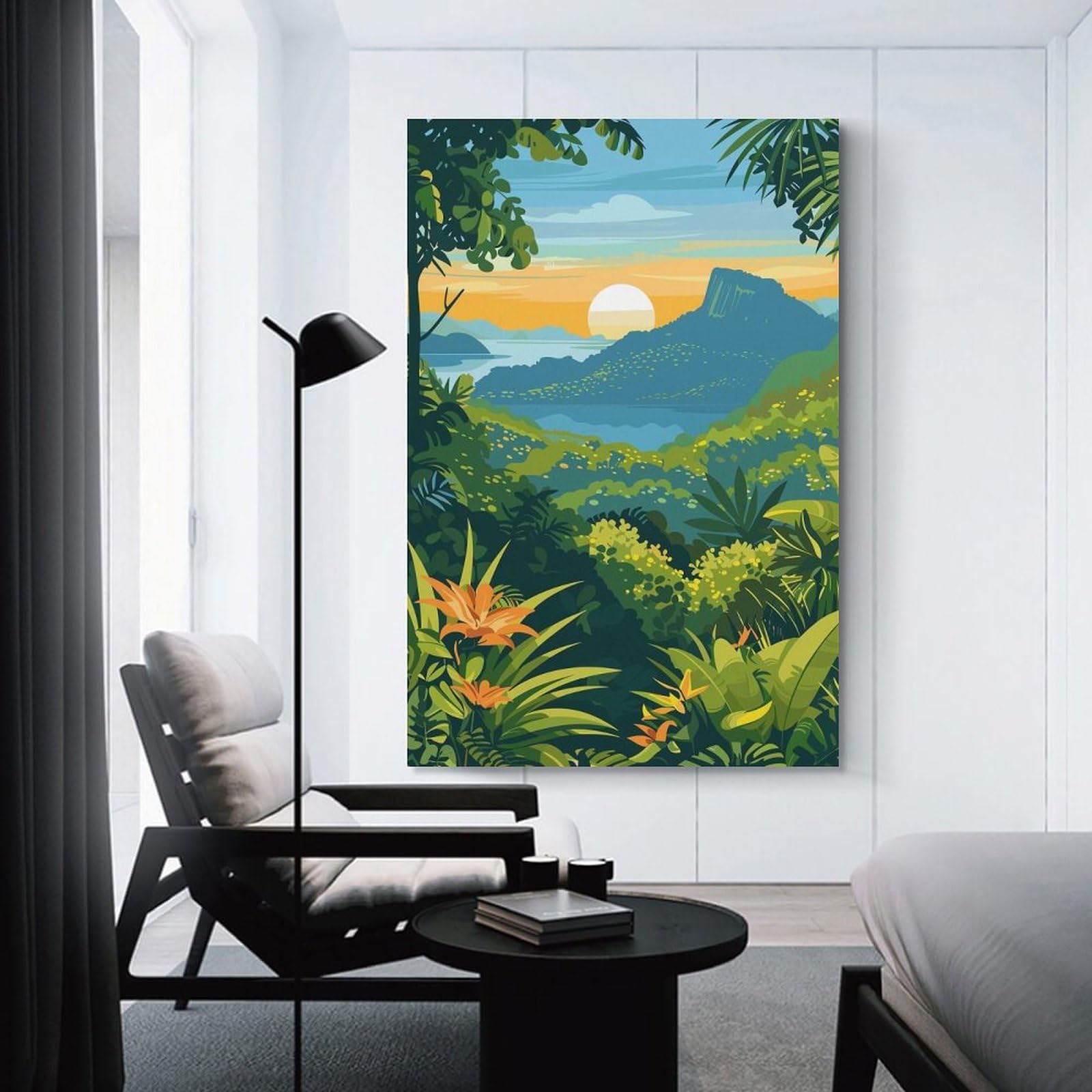 Junmoney Tropical Landscape with Mountain And Sunset Hanging Wall Art, 12x18inch(30x45cm), for Bedroom, Guest Room Or Reading Nook, Home Artwork with A Soft Interior Feel