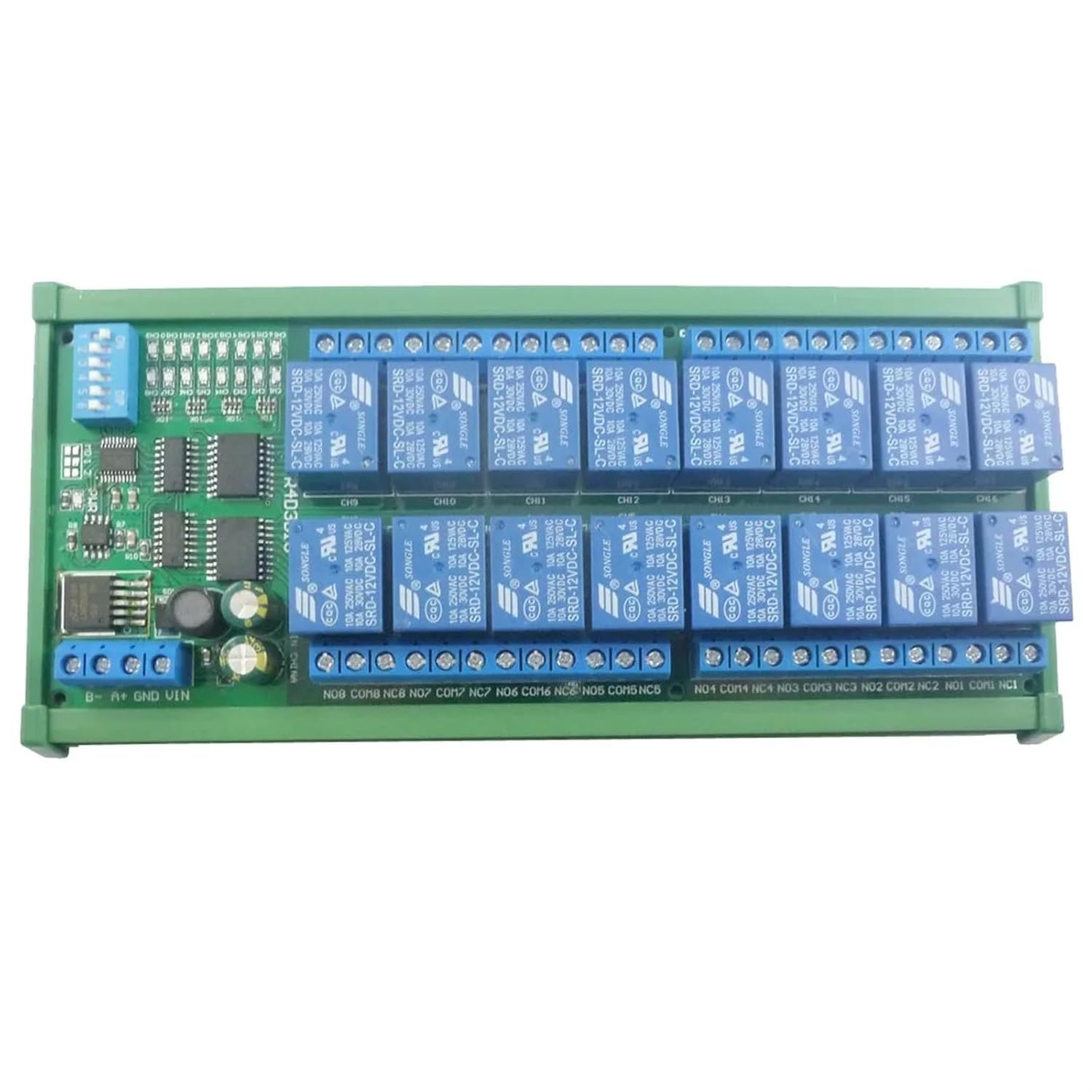 1PCS 12V 16 Channel Din35 C45 DIN Rail RS485 Relay Modbus RTU Protocol Remote Control Expansion Board for PTZ Camera Motor Led(with DIN Rail Box)