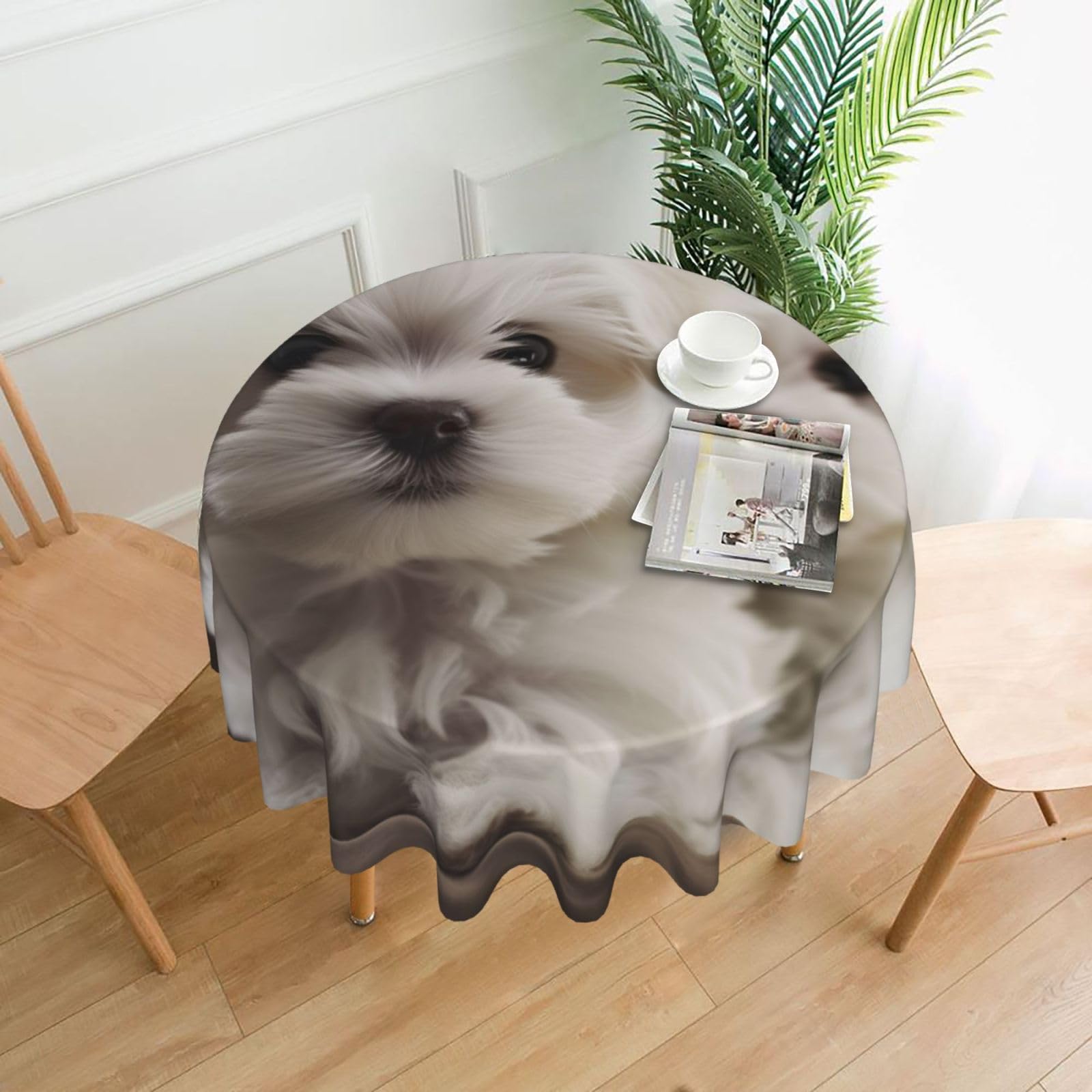 Nappe ronde imperméable infroissable et anti-tache imprimé chiot maltais 152cm