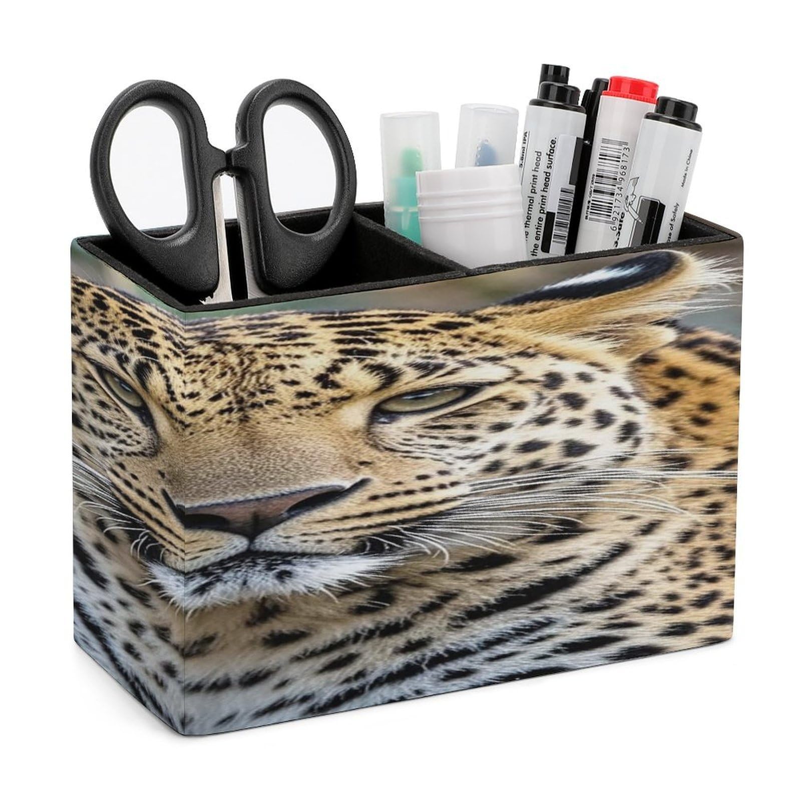 LZQPOEAS African Animal Leopard Leather Pen Holder with 2 Compartments Luxury Pencil Holder Minimalist Pencil Cup Brush Scissor Holders Elegant Pen Cup for Office Home Desk Accessories