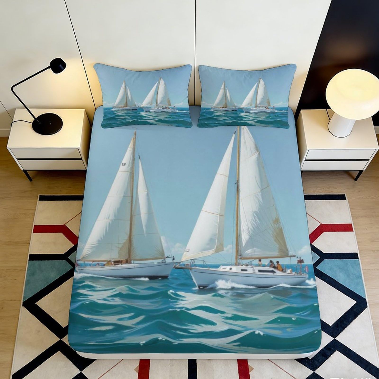 Dhbaneiok Style-8 3D Printed Sailboat Ocean Fitted Sheet Microfiber Soft Waterproof Yacht Mattress Cover For Bedroom Guest Room Decor 90X200x25cm