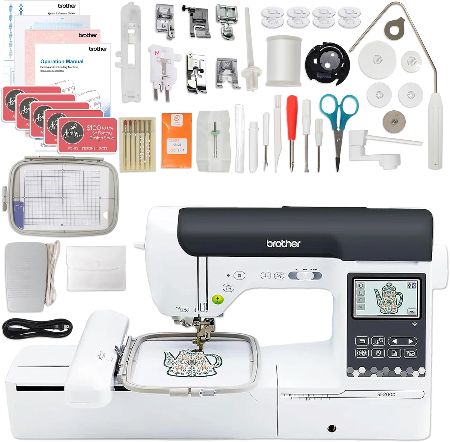 Brother SE2000 5" x 7" Combo Embroidery & Sewing Machine with 5pc Hoop Set & 230+ Accessories