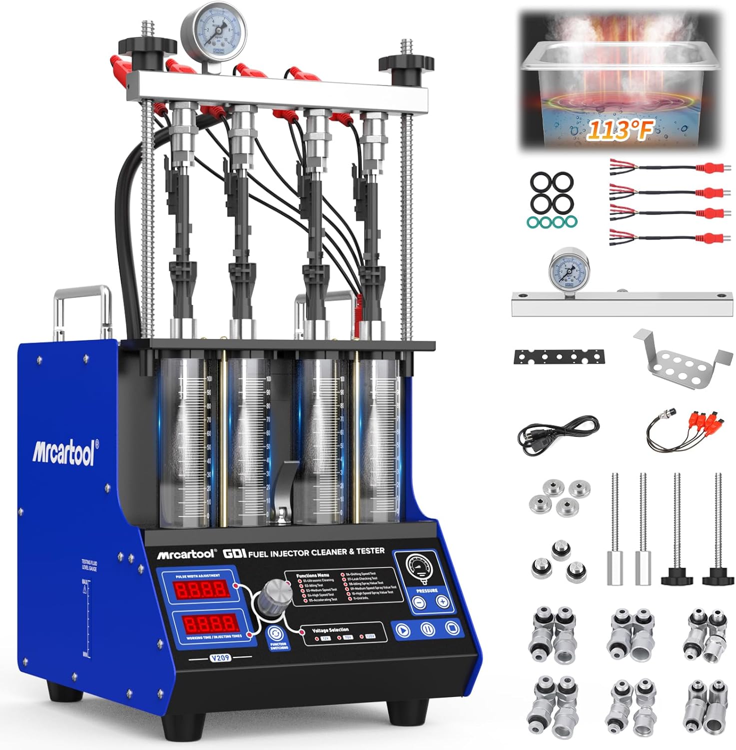 BELEY V209 GDI Injector Cleaner Tester Machine Heated Ultrasonic Fuel Injection Systems Cleanning 4-Cylinder 110V for PIEZO/EFI/FSI Gasoline Diesel,Motorcycle