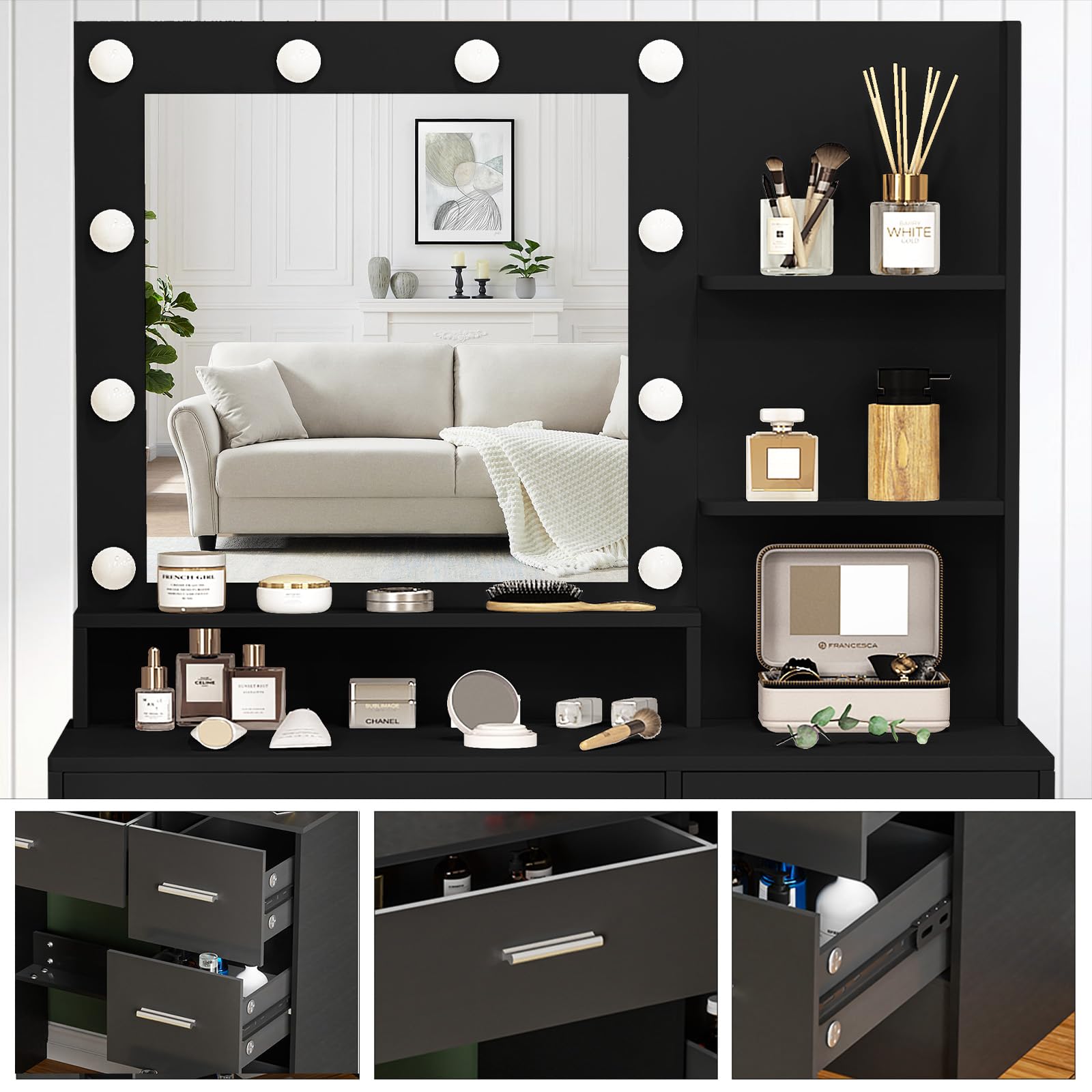 Boîte de rangement pour miroir de maquillage avec lumière LED, 3 températures de couleur et