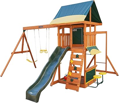 KidKraft Brightside Wooden Swing Set with Cafe Area and Stools