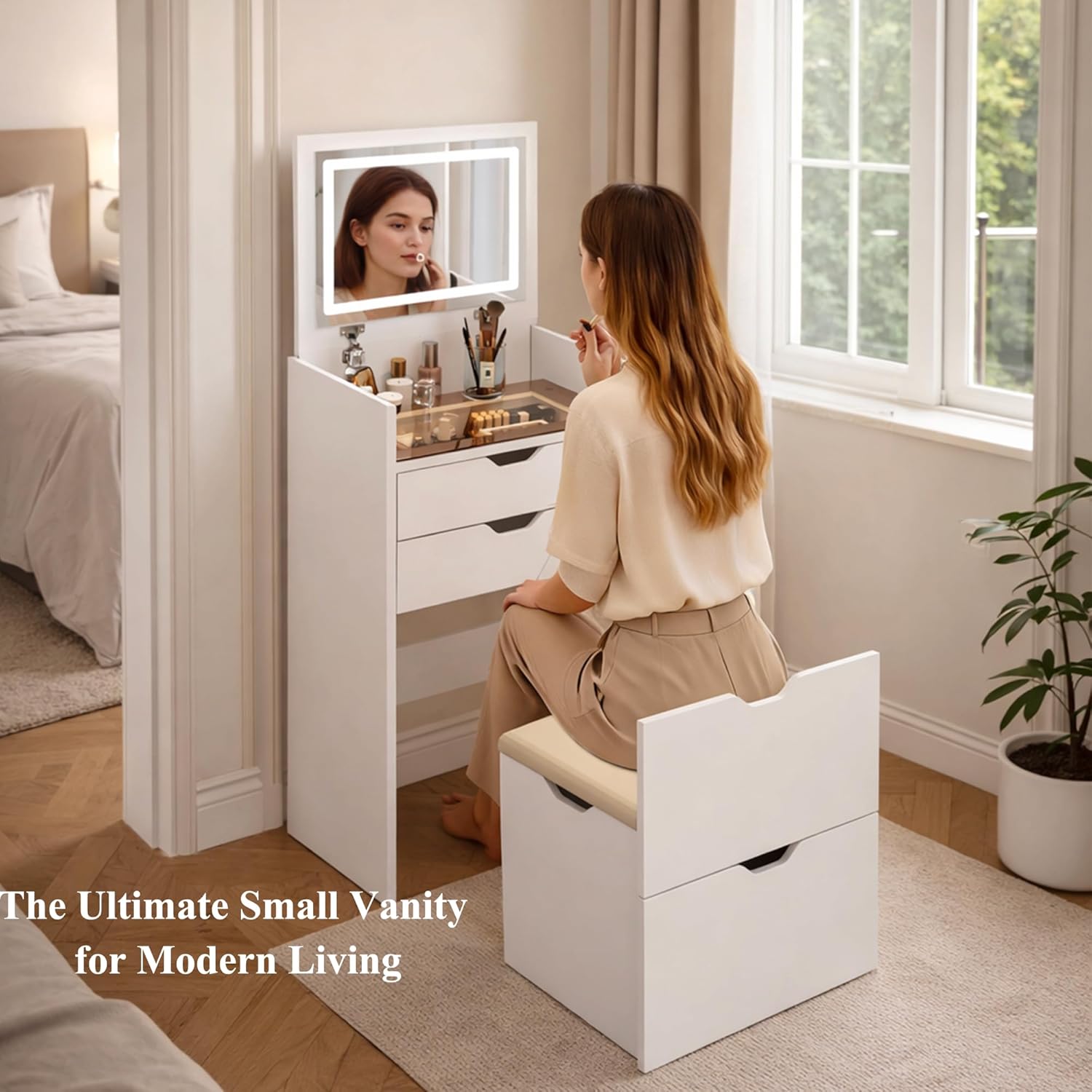 3 in 1 Small Vanity Desk with Mirror and Lights, Space Saving Makeup Vanity with Hidden Stool & Storage, Compact Vanity Table with 3 Color LED Mirror for Bedroom (White)