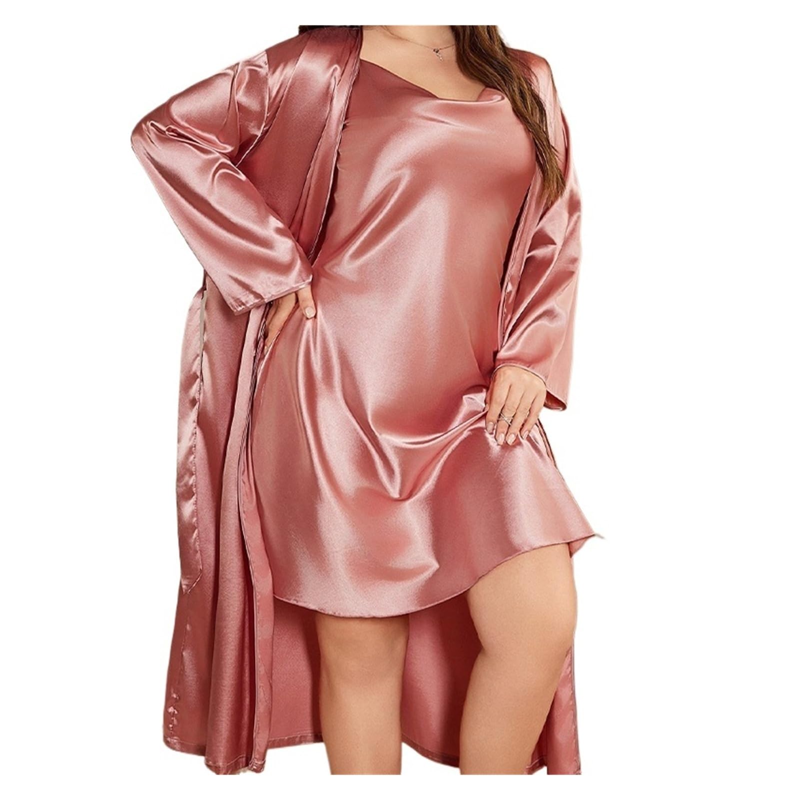 Conjunto de Pijama 2 Piezas satén Talla Grande, camisón Lencero con Cuello en V Seda Helada y Bata Larga