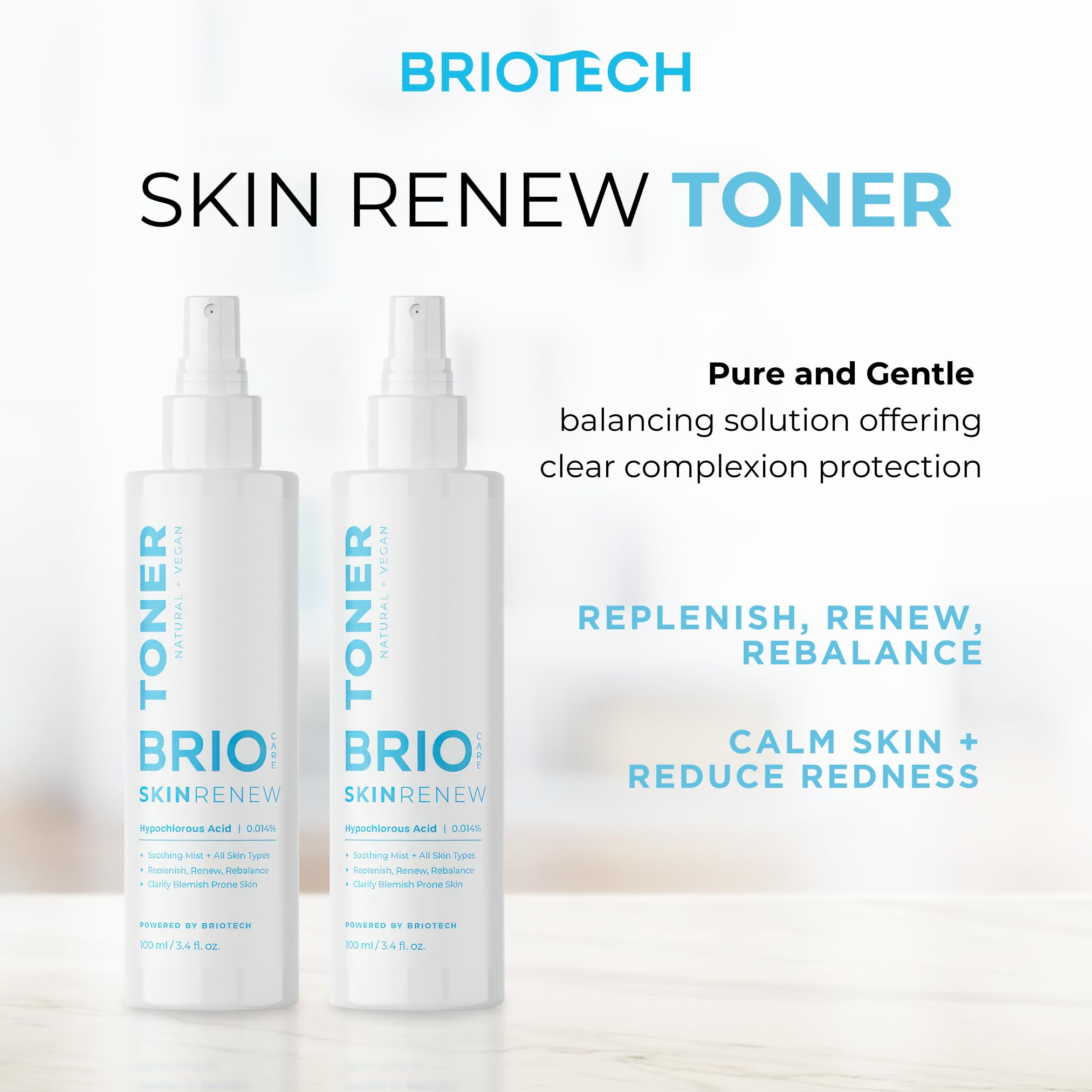 BRIOTECH Spray Toner per il viso - Acido Ipocloroso Puro HOCl - Nebbia Lenitiva per tutti i tipi di pelle - Skin Renew - 100