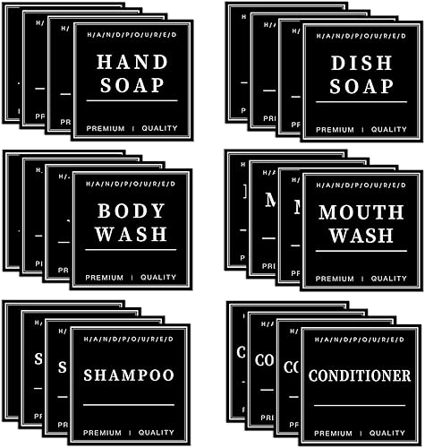 TESWEY Etiquetas impermeables para botellas de vidrio, jabón de manos, champú y acondicionador, etiquetas autoadhesivas de PVC negro para