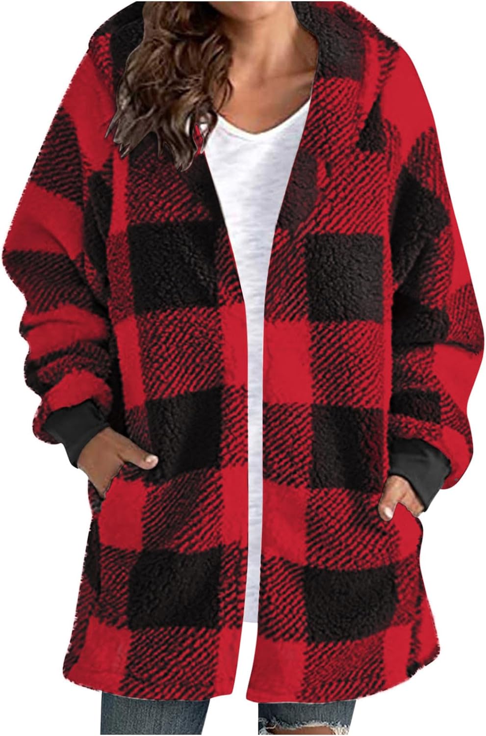 Women's Cardigan Jackets Plush Long Sleeve Hoodies Fashion Plaid Print Loose Casual Coat with Pockets