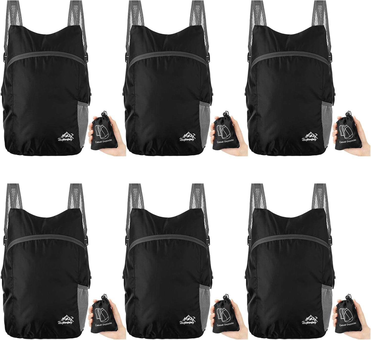 6 Pcs Lightweight Packable Hiking Backpack, 16l, Foldable, Black