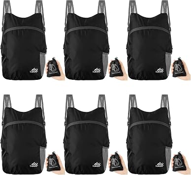 6 Pcs Lightweight Packable Hiking Backpack, 16l, Foldable, Black | Water Resistant Foldable Travel Daypack, with Side Mesh Pockets, Ultralight Day Pack for Woman Man, Everyday Carry