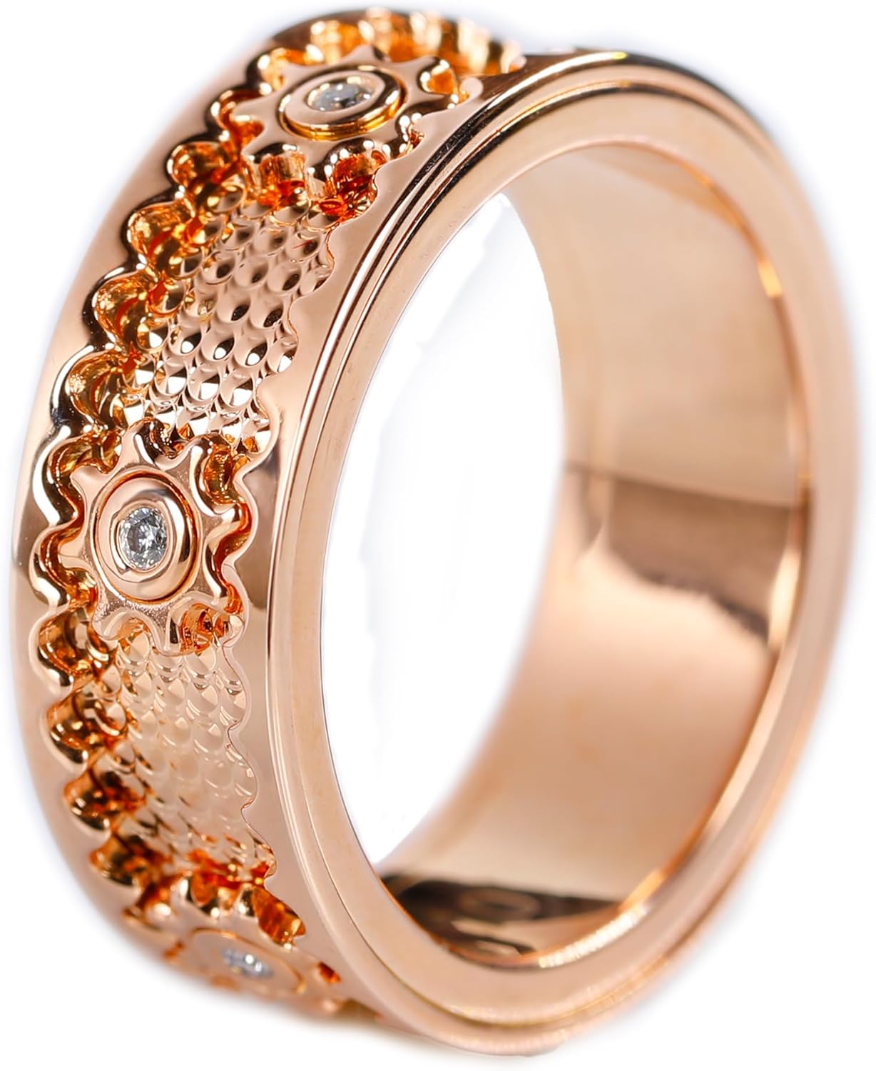 Moissanite Cogwheel Fidget Ring Plated with 14K White/Rose Gold, Anxiety Relief Spinner Ring for Men & Women, Calming Jewelry for Meditation