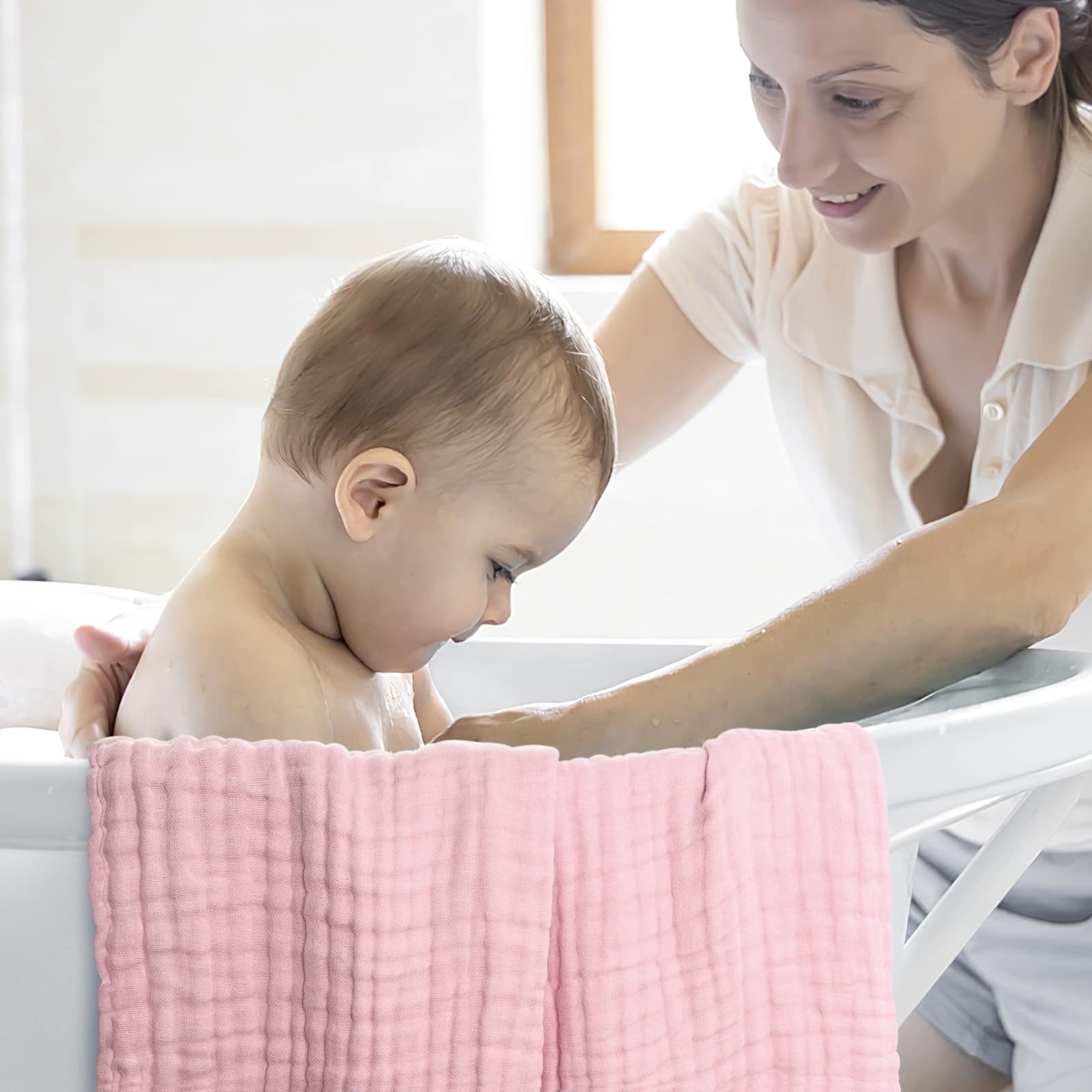 Asciugamani da bagno in mussola per bambini, ultra morbidi e assorbenti, asciugamano in mussola per bambini, 6 strati in cotone naturale, adatto per ragazze 101,6 x 101,6 cm (bianco, rosa e grigio)