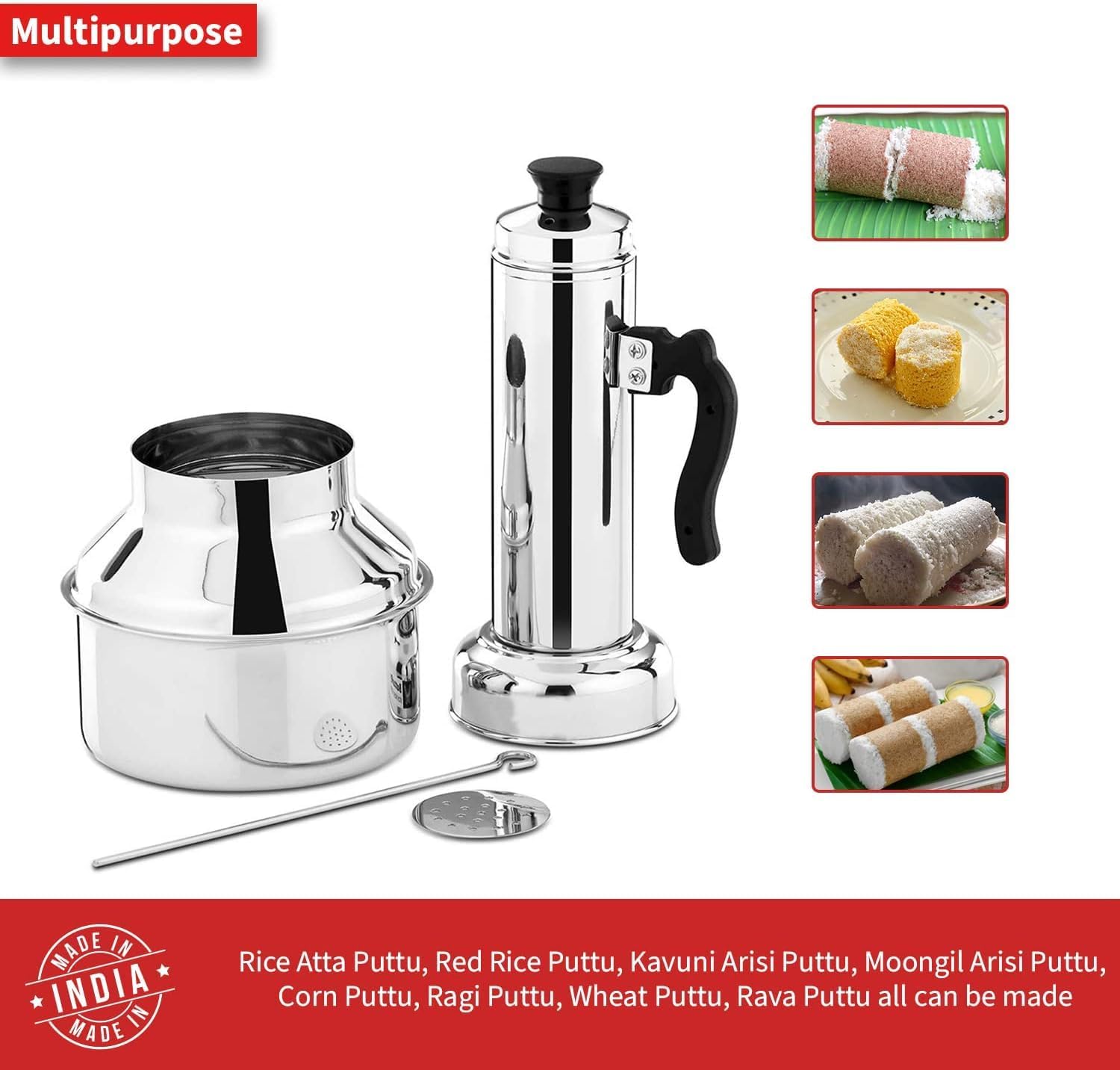 Stainless Steel Puttu Maker for Stove – Kerala Style Puttu Cooker Cylinder with Handle – South Indian Steam Rice Cake Maker (Medium)