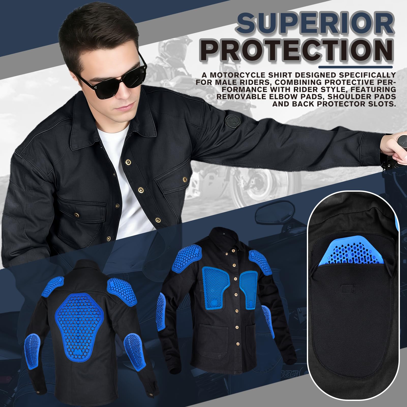 Camicia Moto Uomo, Maglia Moto Uomo Bici Rinforzata, Giubbotto Moto Uomo Estivo Armatura Removibile, Camicia Moto con Protezioni