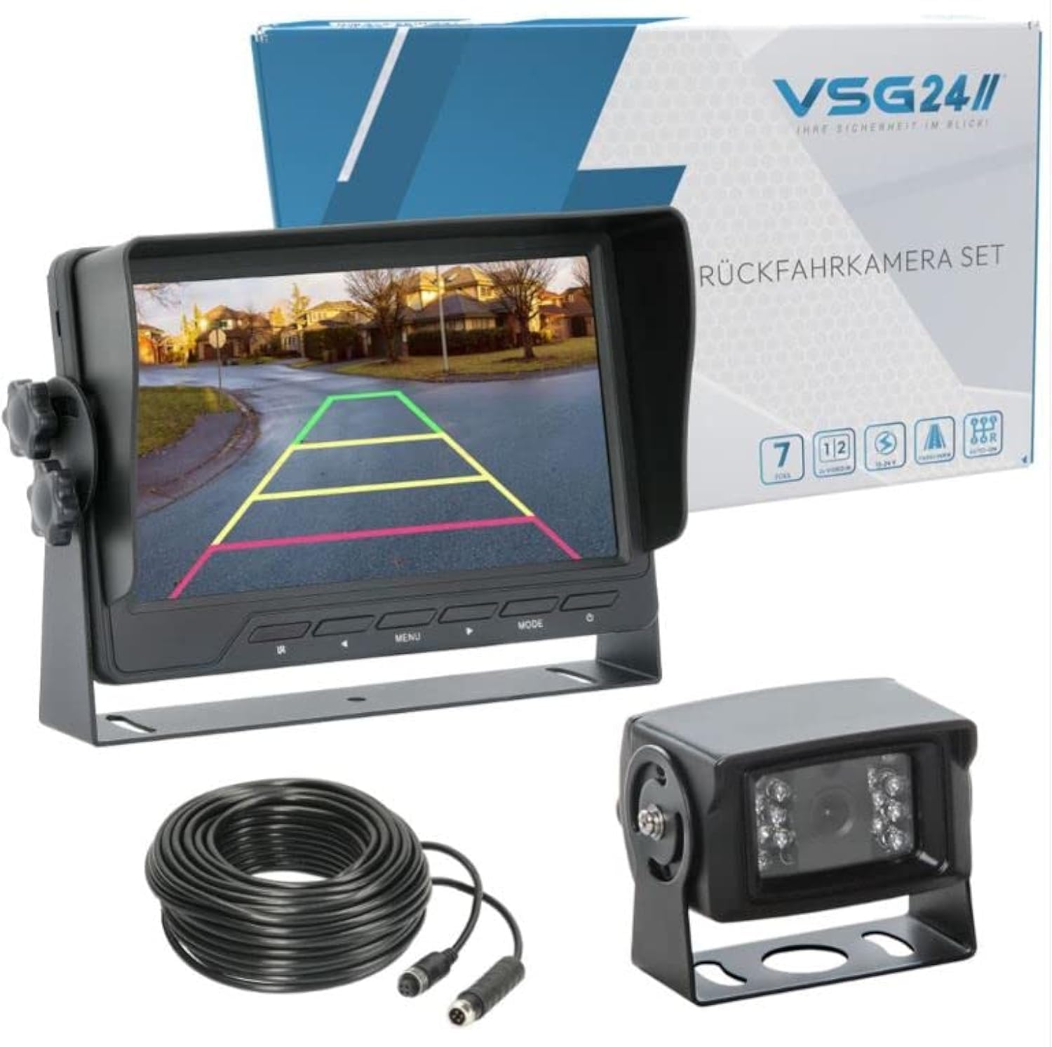 VSG24 Rückfahrkamera 7" Transporter-Set Transit inkl. Kamera, Monitor, Kabel - Wasserdicht Nachtsicht 12V-24V Robustes Rückfahrsystem für Auto Wohnwagen LKW Anhänger Wohnmobile Einparkhilfen