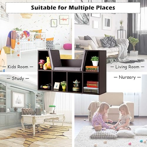 Miniatura 7 de Costzon Estantería infantil con rincón de lectura, estantería de 6 cubos con cojín de asiento suave, organizador de almacenamiento de juguetes de