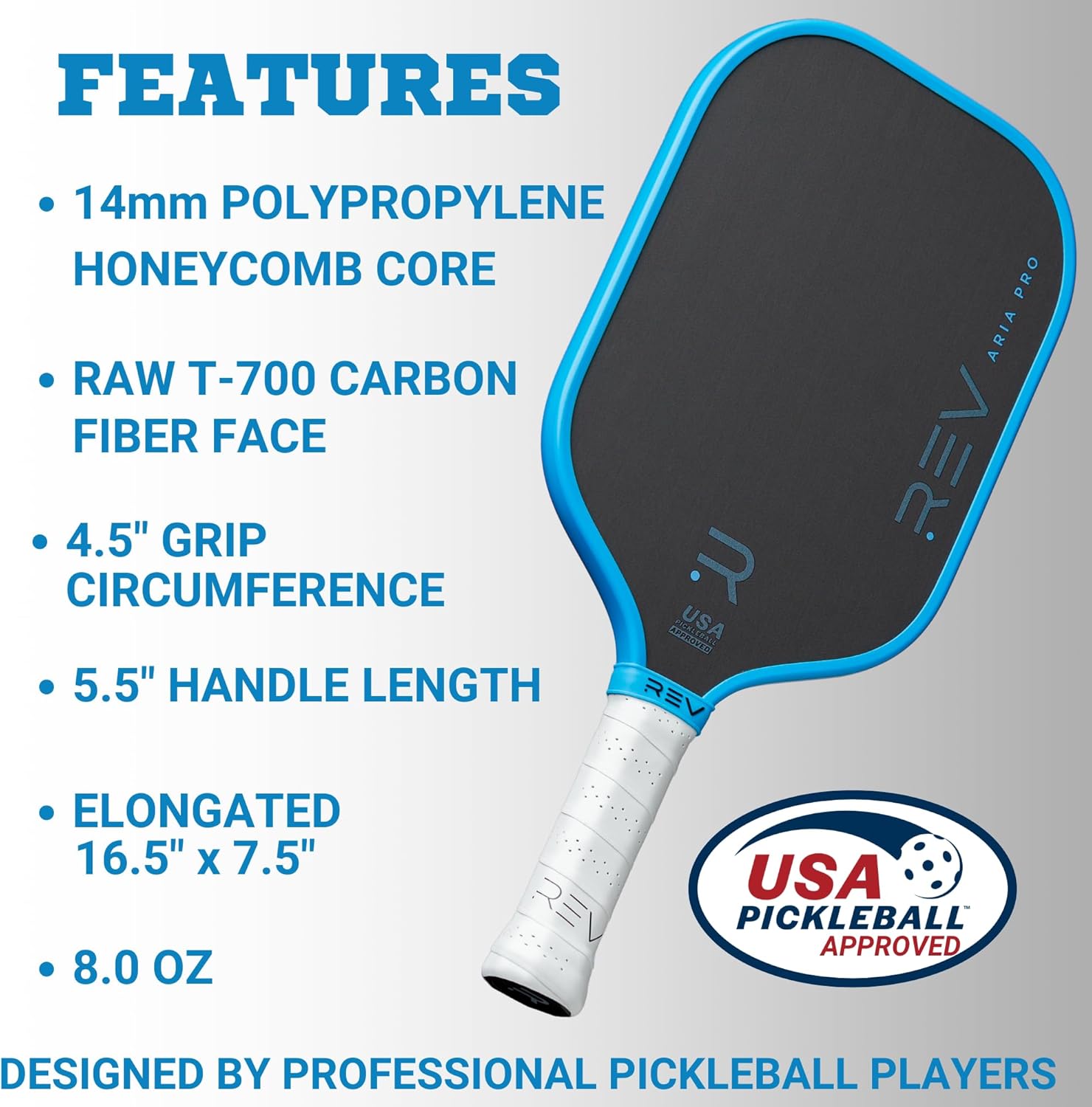 Rev Pickleball Pro-Performance Paddle - Pickleball Racket - Carbon Fiber Face - Thermoformed with Foam-Injected Walls - 14mm - 16.5"x7.5"- 8oz - USA Pickleball Approved - Aria Pro