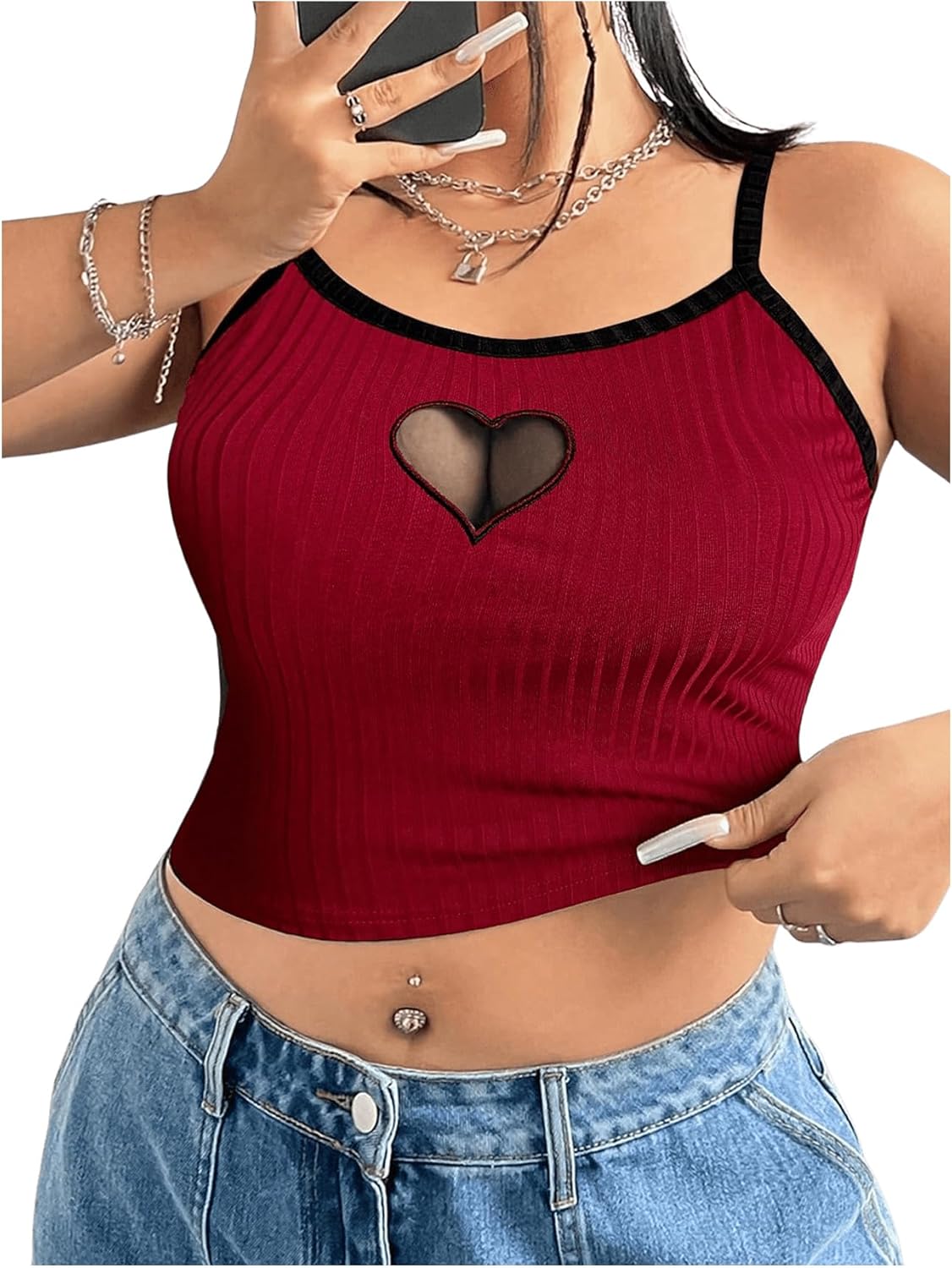 SOLY HUX Women's Plus Size Goth Cami Crop Tops Contrast Mesh Spaghetti Strap Summer Top