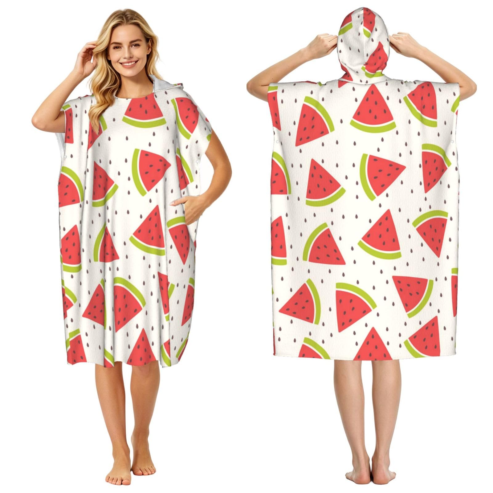 Poadnly Watermelon Pattern, Adult Hooded Beach Towel 90 x 110 cm,Changing Bath Robe, Surf Poncho Towel For Women Men